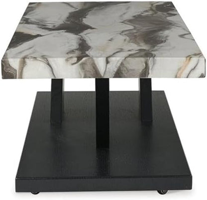 BOWERY HILL Coffee Table Set, 3-Piece, Faux White Marble Tops, Black Wood Frames, Built-in Casters, Includes 1 Coffee Table and 2 End Tables, Contemporary Living Room Furniture Set
