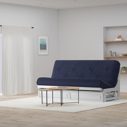 Nirvana Futons Arden White Futon with Storage Drawers Queen Size - Minimalist Armless Design with 8 Inch Comfortable Mattress (Twill Navy Blue), Sofa Bed Available in