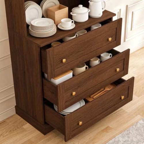 71" Farmhouse Kitchen Pantry Cabinet with Drawers, Set of 4 – Dark Brown Freestanding Coffee Bar Hutch with Adjustable Shelves, Large Storage Cabinet with Microwave Stand for Living Room & Kitchen