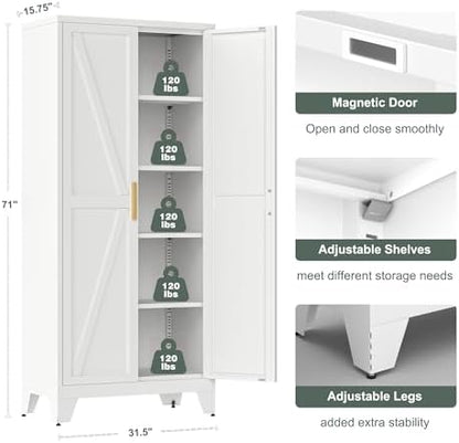 Washsemba 71'' Farmhouse Metal Storage Cabinet with Barn Doors,Steel File Cabinet for Home Office,Kitchen Pantry 4 Adjustable Shelves,Freestanding Cupboard for Kitchen,for Home Office,School (White)