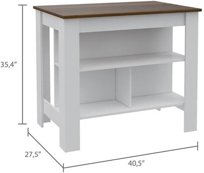 Tuhome Furniture Cala Modern Engineered Wood Kitchen Islands with Large Table Top & 3 Storage Shelves, Easy Assembly, in White/Walnut Finish