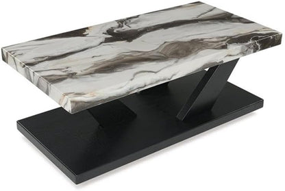 BOWERY HILL Coffee Table Set, 3-Piece, Faux White Marble Tops, Black Wood Frames, Built-in Casters, Includes 1 Coffee Table and 2 End Tables, Contemporary Living Room Furniture Set