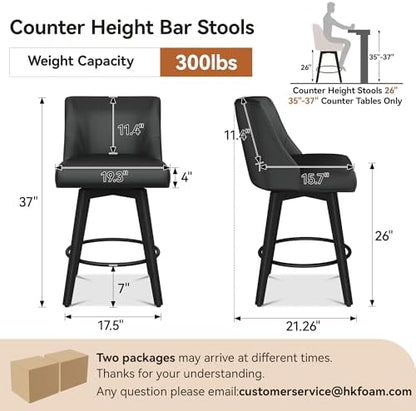 26" Counter Height Swivel Bar Stools, Set of 4, Black Grey | Faux Leather Upholstered Counter Barstools with Backs, Solid Wood Legs for Kitchen Island, Home Bar Chairs