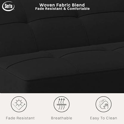 Serta® Rane Futon Sofa Bed 66.1", 3-in-1 Convertible Couch Sleeper for Small Spaces, Tufted Back, Twin Size Guest Bed, Black Woven Fabric