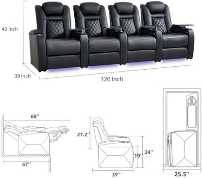 Home Theater Seating, Classic Series Leather Movie Theater Chairs, Power Headrest and Memory with C-Type USB Charger, 7-Color Ambient Lighting and Tray Table, Black Power Adjustable Recliner(Row of 4)