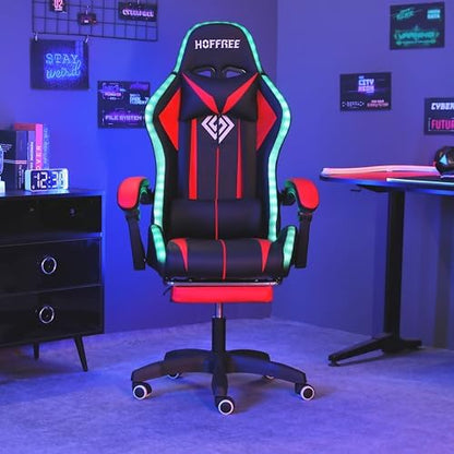 HOFFREE RGB Gaming Chair with Speakers Massage LED Lights Game Chair-Red | Bluetooth Computer Gaming Chair with Footrest Video Game Chair for Adults Ergonomic High Back Gamer Chair with Lumbar Support