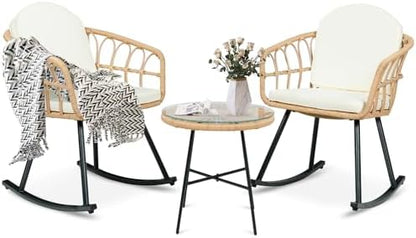 Vikiullf 3 Pieces Rocking Chairs Set - Outdoor Wicker Rattan Rocking Chairs with Thickened Cushions, Boho Patio Furniture, Patio Conversation Bistro Sets, for Balcony Garden Porch Living Room