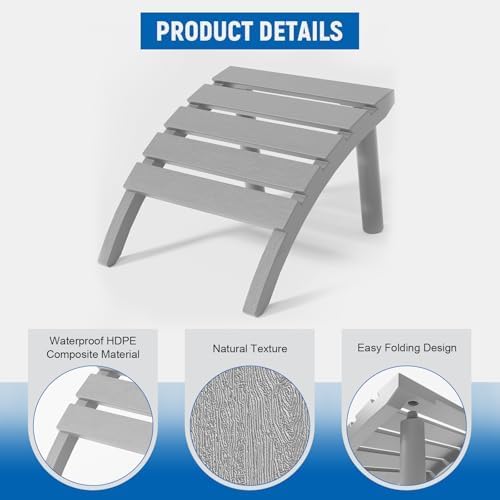 Adirondack Ottoman, All Weather Foot Rest for Adirondack Chair, HDPE Plastic Adirondack Footstool,Outdoor Footrest for Patio,Backyard, Lawn, Fire Pits,Grey