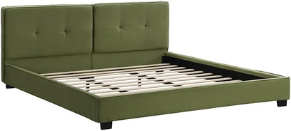 Christopher Knight Home Cordo King Size Bed, Velvet Upholstered Platform Bed, Wooden Slats Panel Support, Tufted Square Corners Haedboard, No Box Spring Needed, Easy Assembly, Oliver Green