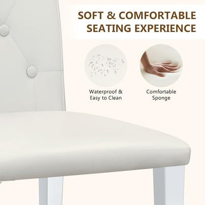 White Dining Chairs Set of 4, Faux Leather, Silver Metal Legs | Button-Tufted Upholstered Parsons Chairs with Padded Seats for Dining Room, Kitchen, Apartment, or Restaurant Use