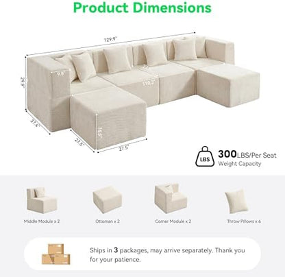 MONVANE U Shaped Sectional Couch Oversized, Chenille, Beige | 6-Seat Sectional Couch for Living Room, Modular Cloud Sofa with Ottoman & 6 Throw Pillows, No Assembly Required