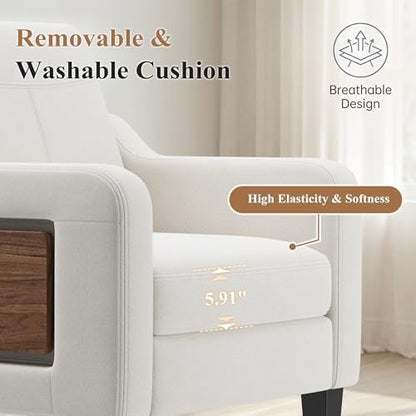 Accent Chairs Set of 2 for Living Room, Mid-Century Upholstered Armchair with Foldable Table & 2 Side Pockets, Modern Linen Wooden Sofa Chair for Bedroom & Reading Room, Beige