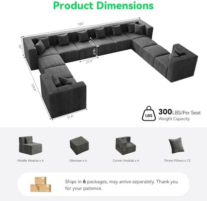 MONVANE Oversized Sectional Couch 12-Seat, Chenille, Gray | Sectional Couch for Living Room, Modular Cloud Sofa with Ottoman & 12 Throw Pillows, No Assembly Required