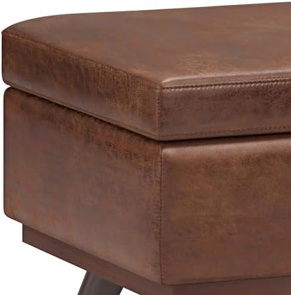SIMPLIHOME Owen 42" Wide Vegan Leather Lift Top Ottoman in Saddle Brown | Distressed saddle brown, mid-century modern lift-top ottoman with storage for living room; rectangle footstool or pouf.