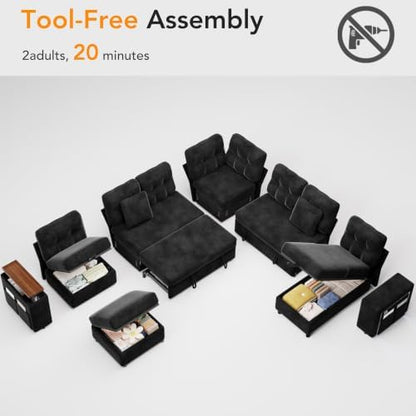 Vipbear 130" Modular Sectional Sleeper Sofa with Pull Out Bed, 9 Seat L Shaped Couch with Ottoman & Chaise/Reclining Backrest/Lift-Top Storage Arms/USB/LED Light/Tool-Free Assembly, Chenille Black