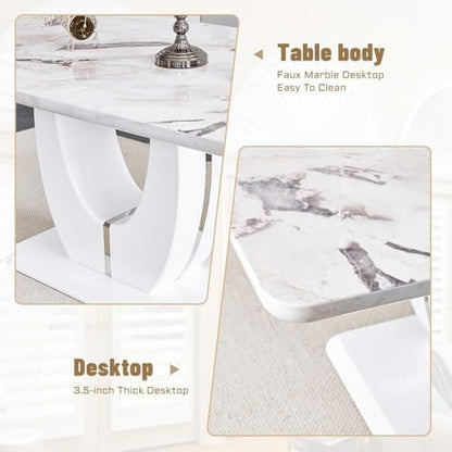 JUFU Dining Table Set for 6 with Chairs PU Upholstered, 63'' White Faux Marble Dining Room Table and Chairs, Modern Dining Room Table and Chairs Set of 6, Rectangle Dinner Table Set for Dining Room