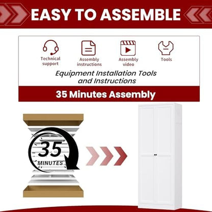 AQY Metal Pantry Cabinet, 72" White Kitchen Storage Cabinet with Doors