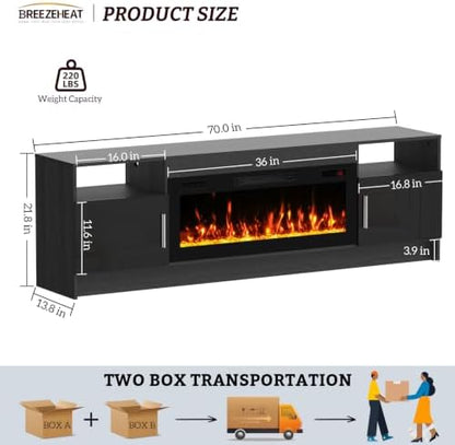 BREEZEHEAT Electric Fireplace TV Stand with 36 inch Fireplace Up to 80" TVs-Led Entertainment Center with High Glossy Doors-70 inch TV Cabinet, Modern Media Console for Living Room(Black)
