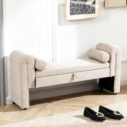Linen Fabric Bench for Bedroom End of Bed, 60.5 inch Upholstered Linen Fabric Storage Bench Ottoman Bench with Rolled Arms, Button-Tufted Ottoman for Living Room, Entryway (Oatmeal)