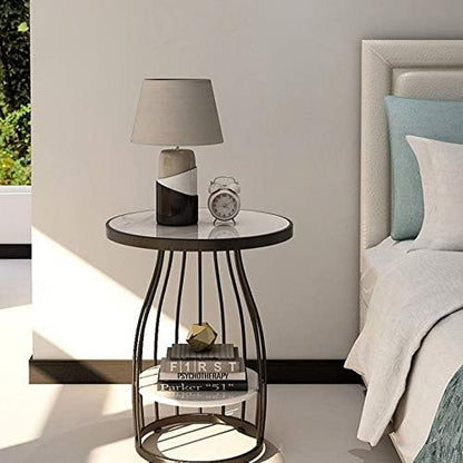 Telephone Table, Side Table Living Room 2-Tier Marble Small Round Table Sofa Corner Table Telephone Table Bedroom Bedside Table Balcony Coffee Table,19.6''×24.8'' (Color: