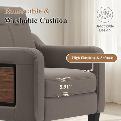 Accent Chairs Set of 2 for Living Room, Mid-Century Upholstered Armchair with Foldable Table & 2 Side Pockets, Modern Linen Wooden Sofa Chair for Bedroom & Reading Room, Brown