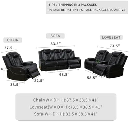 Power Recliner Sofa Sets, Living Room Furniture Sets, Black Modern Power Reclining Sofa, Loveseat and Chair with Cup Holders/Storage Console/LED Light for Living Room