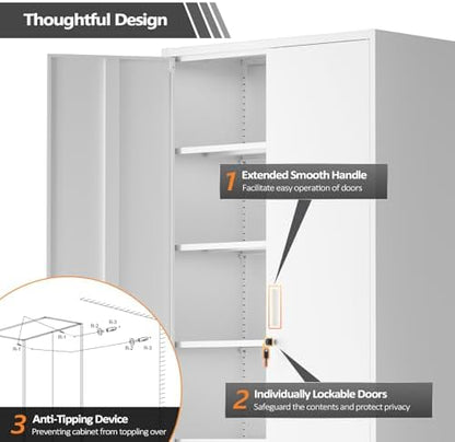 VINGLI Metal Garage Storage Cabinet with 2 Doors and 5 Adjustable Shelves, 71" Tall Steel Lockable File Cabinet, Locking Tool Cabinets for Home Office Garage Gym School (White)