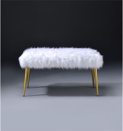 Acme Bagley II Bench, White Faux Fur & Gold