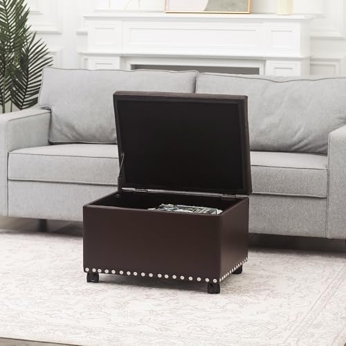Joveco Leather Storage Ottoman with 360° Caster Wheels 24" Foot Rest Bench Rectangle Ottomans Stool for Living Room Bedroom (Brown, Wheels)