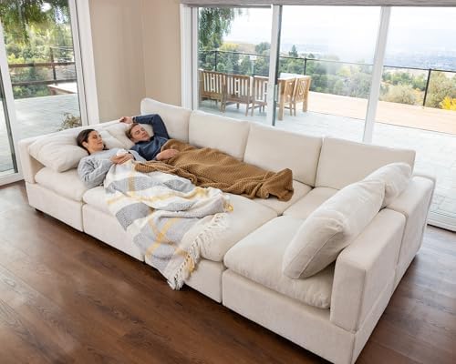 VANOMi Sectional Sofa with Convertible Sleeper Modular Couch,Chenille,Beige | Convertible,Washable,Removable Cover,Modern,Comfortable