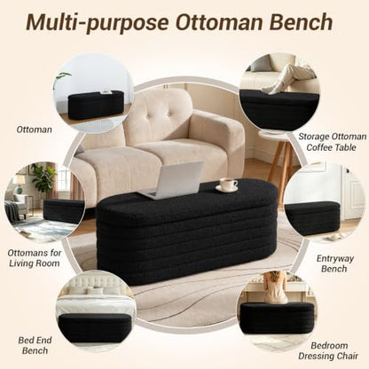 Teddy Sherpa Oval Black Ottoman with Storage, 45.5-inch Bench | Teddy Upholstered Window Bench Hidden Storage, Safety Hinge and Seating, for Living Room, Bedroom, Small Apartment