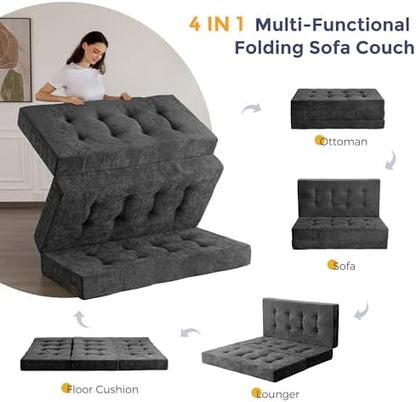 MAXYOYO 6" Folding Sofa Bed for Floor, Tufted Tri-Fold Floor Mattress | Queen Size Portable Sofa Couch Guest Mat with Chenille Fabric for Adults, Foldable Topper for Camping, Dark Grey, Queen