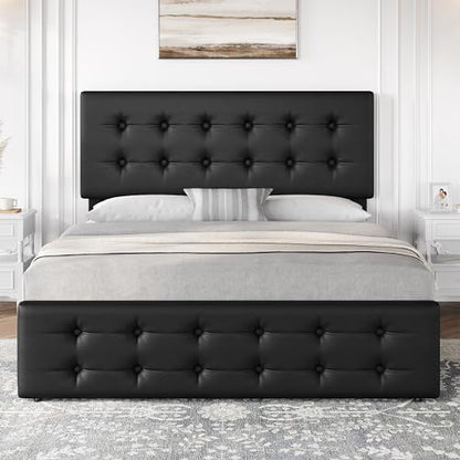 IDEALHOUSE Queen Size Bed Frame with 4 Storage Drawers and Headboard, Black
