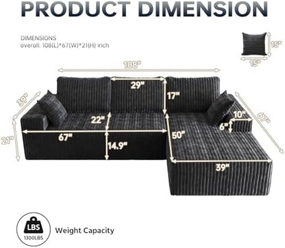 108" Modular Sectional Cloud Couch for Living Room Deep Seat L Shapes Couch with Oversized Chaise Lounge, Comfy Memory Foam Flannel Fabric Sofa for Bedroom Apartment, No Assembly Required