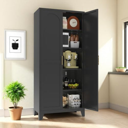 5-Tier Metal Pantry Cabinet, 71" Tall Storage Cabinet with Arched Doors & Adjustable Shelves, Steel Freestanding Utility Cupboard, Black