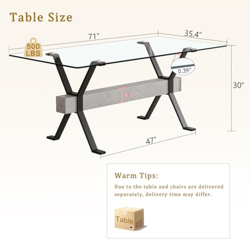 Glass Dining Table 71"｜Modern Dining Table for 6｜0.4" Thick Tempered Glass Top｜Matte Black Metal Legs｜Grey Crossbar｜Easy Assembly｜Perfect for Dining Room or Kitchen