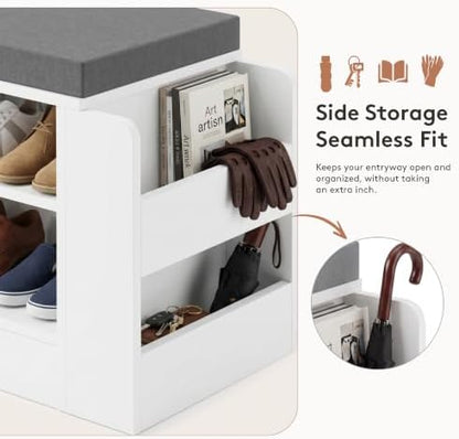 Farmhouse Shoe Storage Bench with 3-in-1 Entryway Storage & Padded Seat | 27.8" Wide Entryway Bench with Adjustable Shelves, Shoe Organizer & Side Storage Rack for Living Room, Bedroom, White