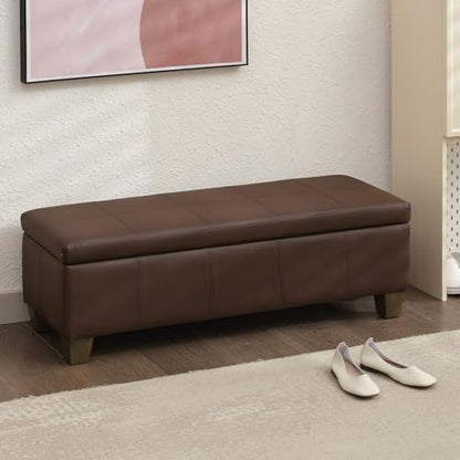 51 Inch Storage Ottoman, Storage Bench with Safety Hinge, Upholstered Synthetic Leather Ottoman Bench for Bedroom, Living Room, Entryway, Hallway, Foot Rest, Support 500lbs, Brown