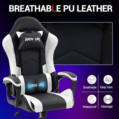 Gaming Chair PU Leather Massage PC Video Game Chair with Lumbar Support for Men Women, Home Office, Height Adjustable, Ergonomic, High Back, White