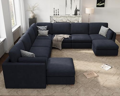 Oversized Modular Sectional Sofa U-Shaped Cloud Couches Blue | 9 Seater Large Deep Seat Couch Luxury Sectional Couches for Living Room, Solid Wood Frame, Removable Washable Cover