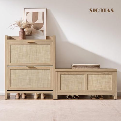 SICOTAS Rattan Storage Chest 39.4" Storage Bench for Bedroom | Modern Boho Storage Truck with 2 Safety Hinges and Flip Top for Living Room Entryway, Supports 220 lb, Light Oak