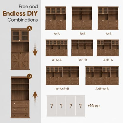 71" Farmhouse Kitchen Pantry Cabinet with Drawers, Set of 2 – Dark Brown Freestanding Coffee Bar Hutch with Adjustable Shelves, Large Storage Cabinet with Microwave Stand for Living Room & Kitchen