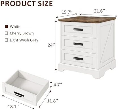 Whalefall 3 Drawers Farmhouse Nightstand with Charging Station, White | 22'' Wide Bedside Table for Bedroom, Large End Table with Storage for Living Room, Wooden Pedestal