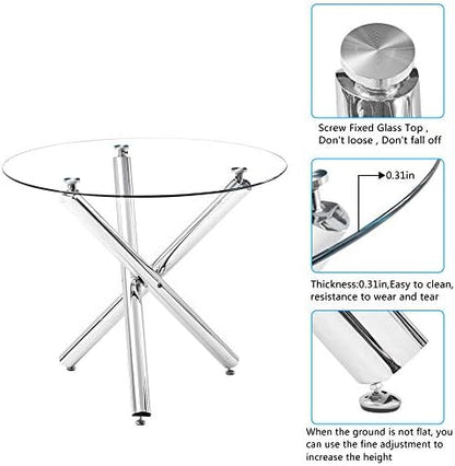 36" Luxury Silver Glass Dining Room Table Set for 4, 5-Piece Round Kitchen Dining Table Set with Cross Metal Legs and 4 Beige Velvet Upholstered Chairs, Glass Kitchen Table and Chairs Set