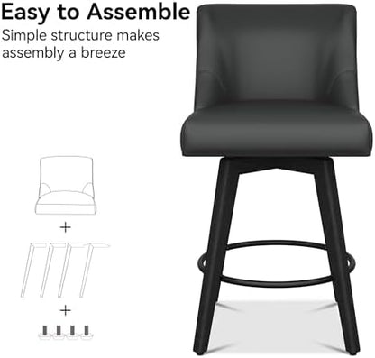 26" Counter Height Swivel Bar Stools, Set of 4, Black Grey | Faux Leather Upholstered Counter Barstools with Backs, Solid Wood Legs for Kitchen Island, Home Bar Chairs
