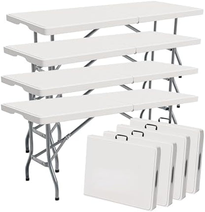 6ft Table Large Folding Table White Folding Table with Portable Carrying Handle 6ft Heavy Plastic Foldable Table for Party, Wedding, Events, Dining, Camping, Picnic Indoor (White, 4 Pcs)