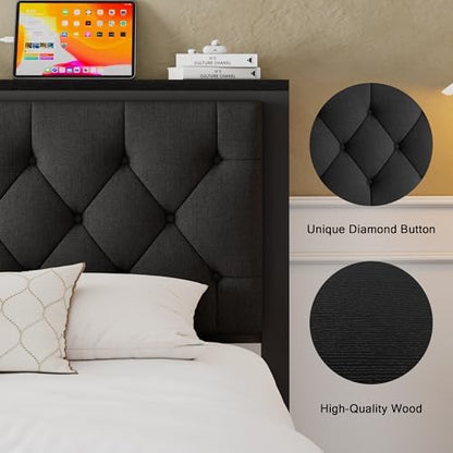Einhomn King Size Bed Frame with 2 Storage Drawers, Metal Platform Bed with Charging Station, Upholstered Linen Button Tufted Storage Headboard, No Box Spring Needed, Noise-Free, Easy Assembly, Black