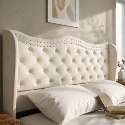 Queen Upholstered Bed Frame, 50-Inch Wingback Headboard, Cream White