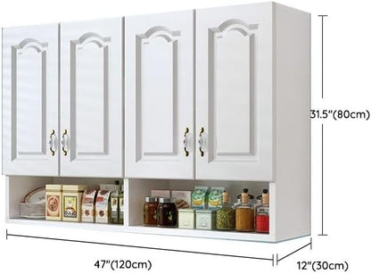 Wall Mounted Kitchen Pantry Storage Cabinet, White Narrow Sideboard Hanging Cabinet Organizer for Bottle, Dish, Bowl, Dining Room, Kitchen, Bathroom (47" L x 12" W x 31.5" H)