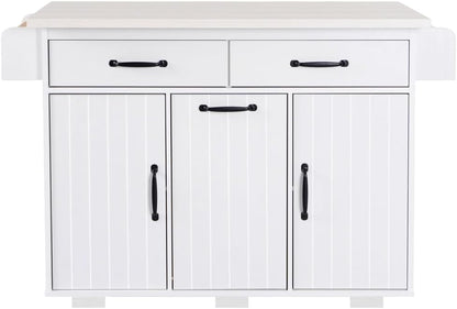 ZOEDO K&K Kitchen Island with Trash Can Storage Cabinet, Kitchen Cart with Drop Leaf, Spice Rack, Towel Rack and Drawer, Rolling Kitchen Island on Wheels with Adjustable Shelf, White
